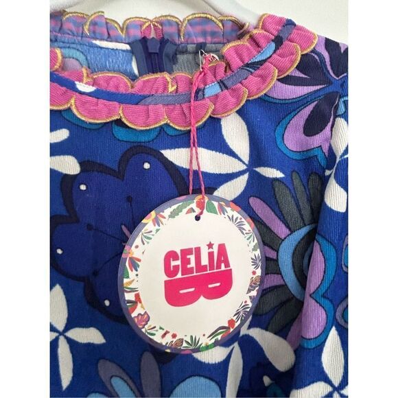 CeliaB Merapi Belted Puff Sleeve Corduroy Print Midi Dress Blue Women’s Size XL - Picture 9 of 12